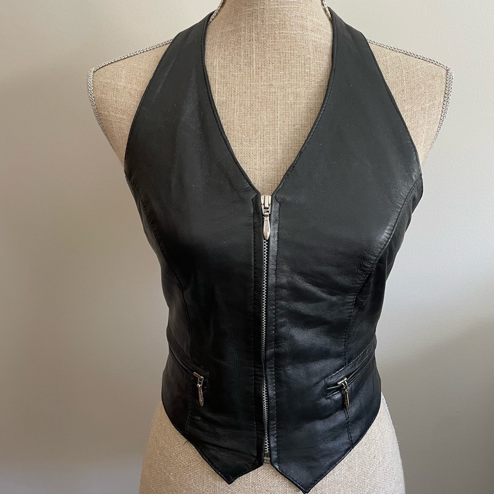WILSON’S LEATHER- Maxima Black Leather Halter Top Vest, black size XS
